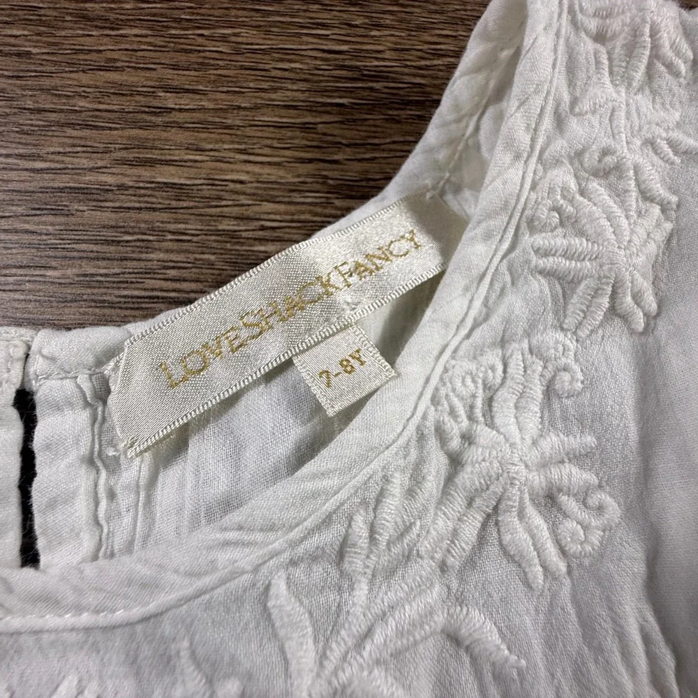 LoveShackFancy White Cotton Embroidered Lace Flutter Sleeve Dress Girls 7-8Y